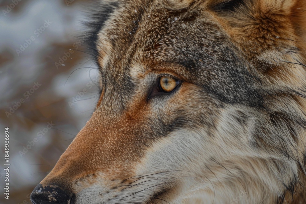 Fototapeta premium Close up of a eurasian wolf with intense amber eyes, its fur blending with the snowy winter forest background