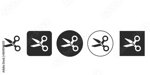 Set of scissors icons for UI design and web applications | Minimalist black and white cutout or clipping tool vector graphic | Flat style illustration of open shears symbol collection