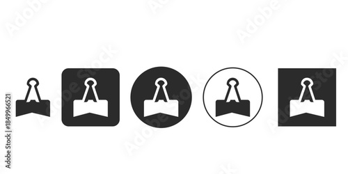 Minimalist black and white binder clip icon set for UI/UX | Professional office document bull clip vector illustration | Square and circular icon variations of stationery tool