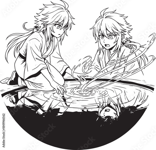 Mysterious anime characters conjure water magic together