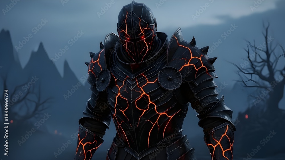 Fototapeta premium dark armored warrior holding sword in cinematic fantasy environment