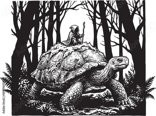 Mystical journey through enchanted forest with ancient tortoise