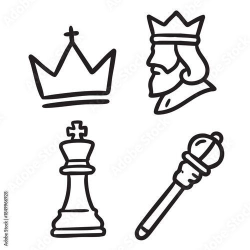 Hand Drawn icons of Chess Pieces and Royal Symbols