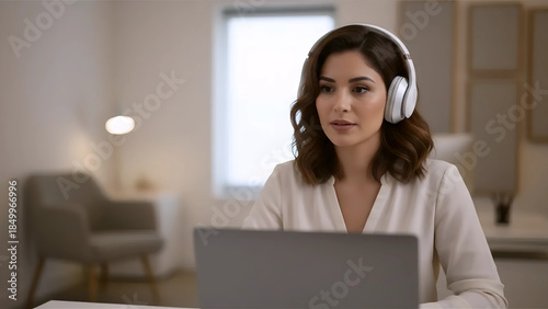 Remote Worker Engaging in Video Conference with Headset | Online Collaboration and Digital Communication | Focused Productivity in Home Office Setting

