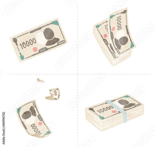 Japanese Ten Thousand Yen Bills Stacks and Scattered Illustration