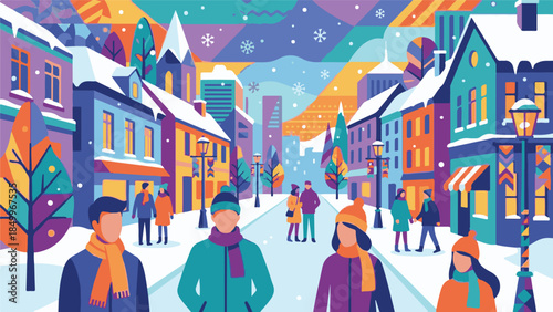 Winter city street landscape with colorful buildings and walking people