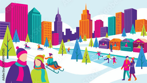 Illustration of People Enjoying Winter Activities in a Colorful City