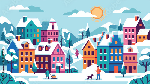Winter village landscape with colorful houses and people in snow