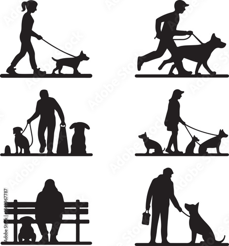 Dog Walking Silhouette Icon Set