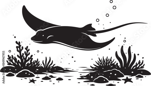 A silhouette of stingray swimming low, ocean floor setting, black vector
