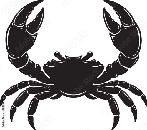 A silhouette of crab with raised claws, defensive pose, black vector