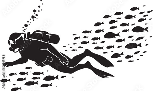 A silhouette of diver with school of fish, underwater exploration, black vector