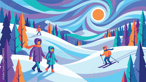 Vibrant Winter Landscape with People Skiing and Walking in Snowy Mountains
