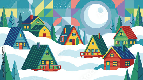 Cozy Winter Landscape Illustration with Colorful Houses and Geometric Sky