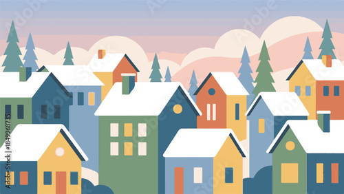 Stylized winter village illustration with colorful houses and snow-covered roofs