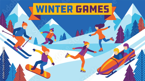 Flat design illustration of various winter sports and games activities