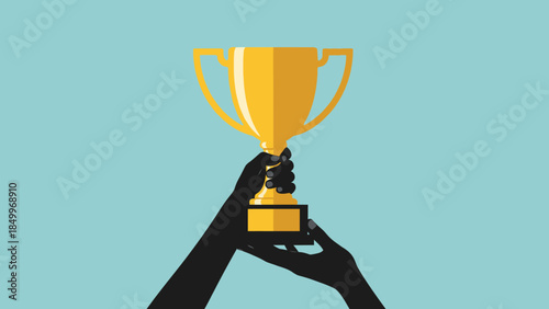 Silhouette of hands joyfully holding a golden trophy cup, celebrating a winning achievement on a bright blue background.