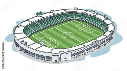 Large empty soccer stadium with green field and spectator stands, ready for a football match or event.