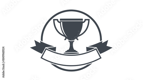Classic trophy cup with a blank ribbon banner, symbolizing victory and success on an isolated white background.