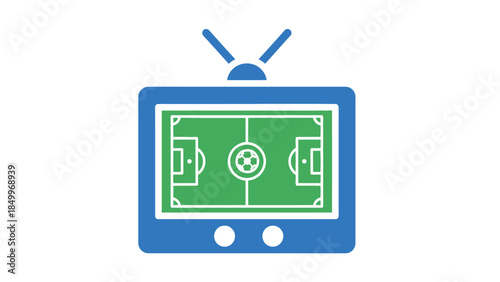 Television screen displaying a soccer field with a ball, representing a football match broadcast on an isolated white background.