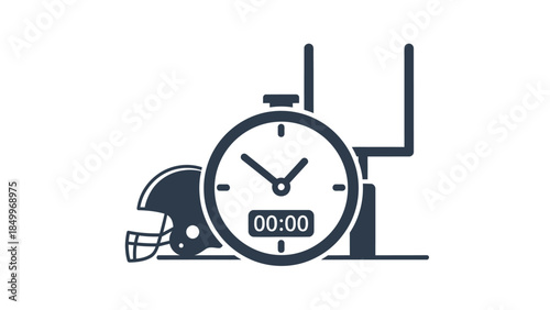 American Football Game Elements with Stopwatch, Helmet, and Goal Post, isolated white background.