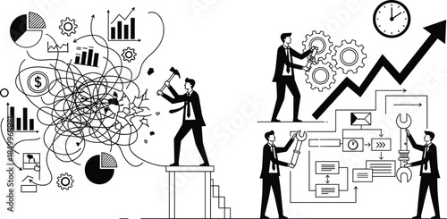 Business problem solving illustration, chaos to order transformation, teamwork process optimization, strategy planning, workflow improvement, growth concept,