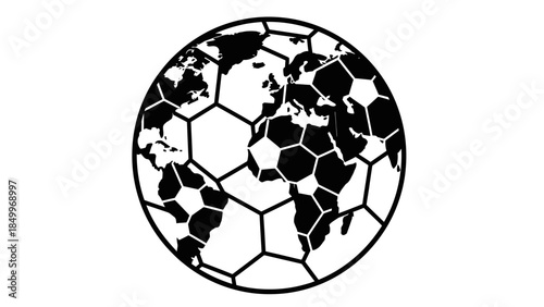 Black and White Soccer Ball with World Map Pattern, Global Football Symbol, isolated white background.