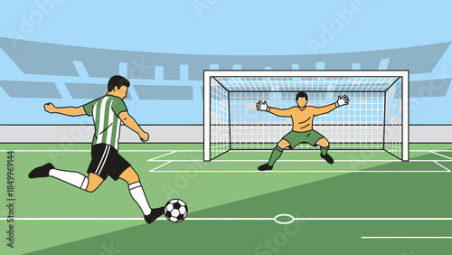 Soccer Player Kicking Ball Towards Goal While Goalkeeper Prepares to Save in a Stadium Setting