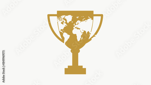 Golden World Map Trophy Cup Symbolizing Global Victory and Championship on Light Beige Background