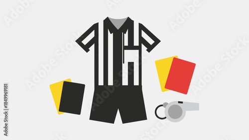 Soccer Referee Uniform, Whistle, Yellow Card, and Red Card Set on Light Gray Background