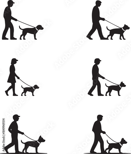Dog Walking Silhouette Icon Set
