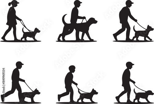 Dog Walking Silhouette Icon Set