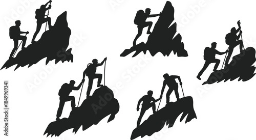 Mountain climbers teamwork silhouettes, hiking adventure success concept, leadership challenge, outdoor expedition, achievement journey, motivation metaphor, isolated black vector illustration