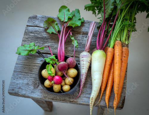 A rustic still life arrangement of root vegetables on a weathered wooden surface. Ai