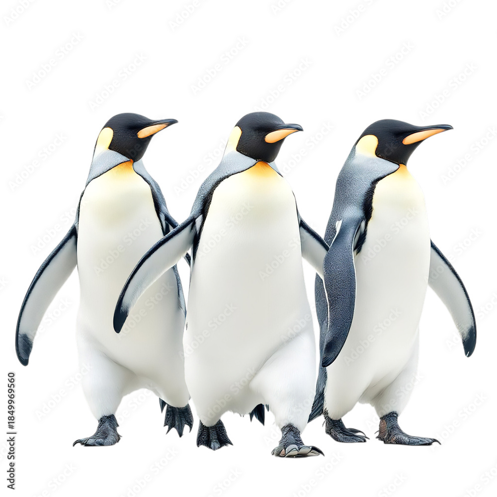 Fototapeta premium Three King Penguins standing together on transparent background