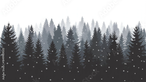 Snowy forest landscape with dark and light gray coniferous trees on white background, falling snowflakes, misty