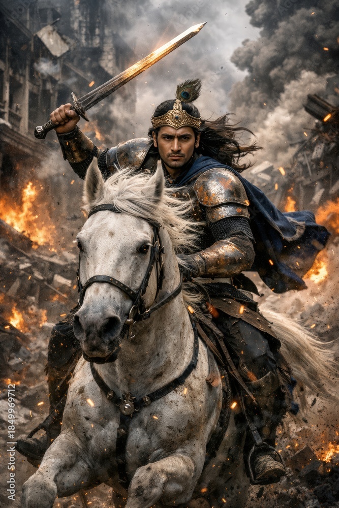 Naklejka premium Warrior on Horseback with Sword in Fiery Battle Scene