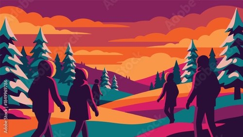 Stylized illustration of hikers in a colorful winter landscape at sunset