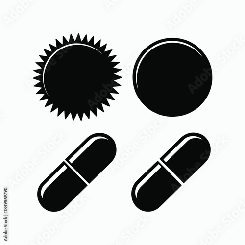 Black and white of pills and capsules medication vector illustration.