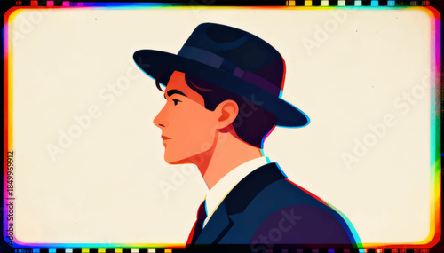Chromatic aberration is a subtle layering of color channels around the edges with an anime-style image of a guy. Perfect for photo filters, vintage style and cinematic effects. Vector. EPS_02.