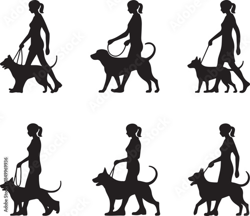 Dog Walking Silhouette Icon Set