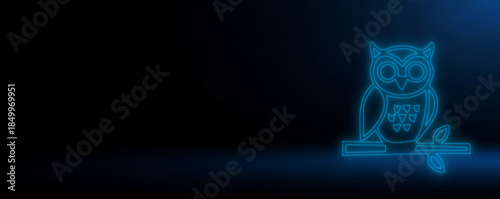 Neon Night Watch: Glowing Blue Minimalist Owl Illustration, Cyberpunk Wisdom: Electric Blue Owl on a Perch Graphic, Futuristic Nocturnal: Abstract Luminous Owl Line Art