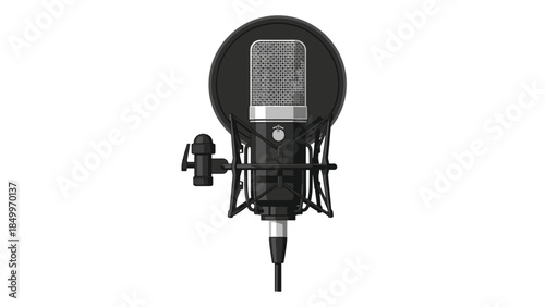 Professional studio condenser microphone with shock mount and pop filter is ready for vocal recording and podcasting.