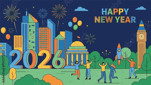 Vibrant New Year 2026 cityscape celebration with fireworks and cheerful people