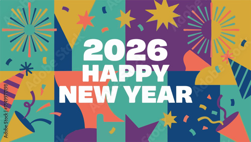 Happy New Year 2026 vibrant graphic with confetti and fireworks