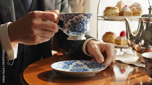 Man in Suit Holding Elegant Blue and White Teacup at Table with Pastries Stand Afternoon Tea Service Business Meeting or Cafe Setting