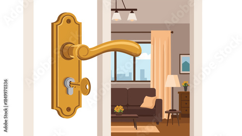 An inviting open doorway reveals a cozy living room interior with warm lighting and a cityscape view, suggesting welcome and comfort.