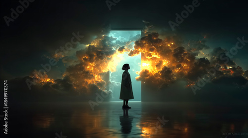 Single Shadow Watches Glow, An Isolated Shape Observes Luminous Space Opening Beneath Calm Water