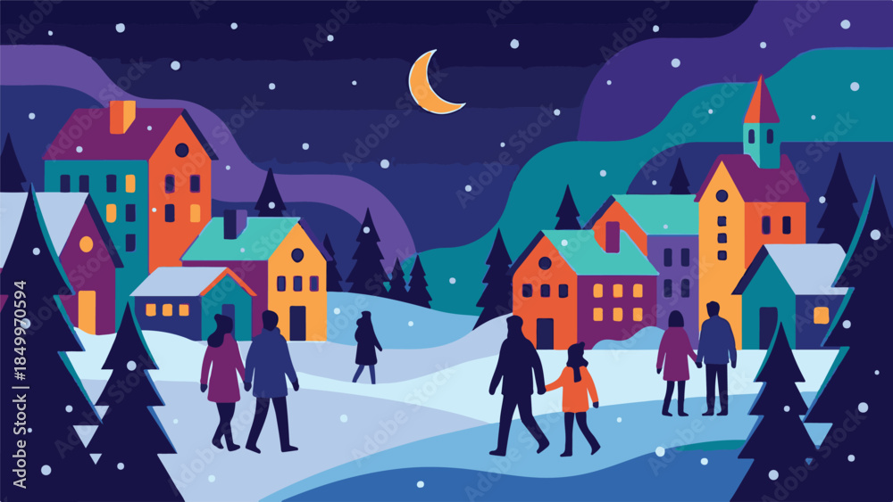 Naklejka premium Festive Winter Night Scene: Colorful Village, People, and Northern Lights