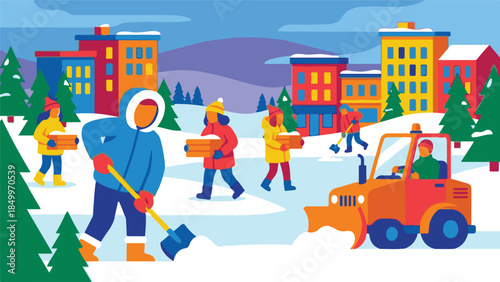 People clearing snow and carrying wood in a snowy winter city